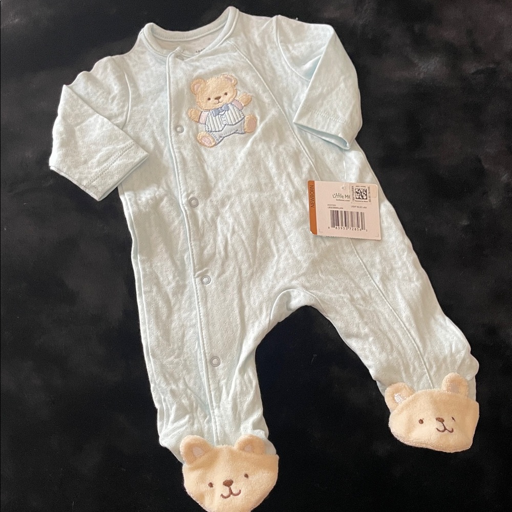 Little Me Light Blue Teddy Bear Footed Pajamas Newborn NEW